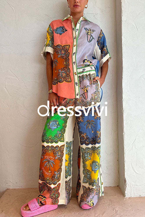 Rolled Up Short Sleeves Shirt Wide Leg Pants Graffiti Printed Set