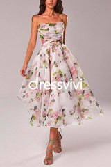 Adjustable Strap Waisted Floral Swing Midi Holiday Dress