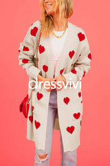 Open Front Pocketed Valentines Date Heart Print Cardigan