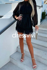 Mockneck Long Sleeve Waisted Ruffle Chiffon Dress