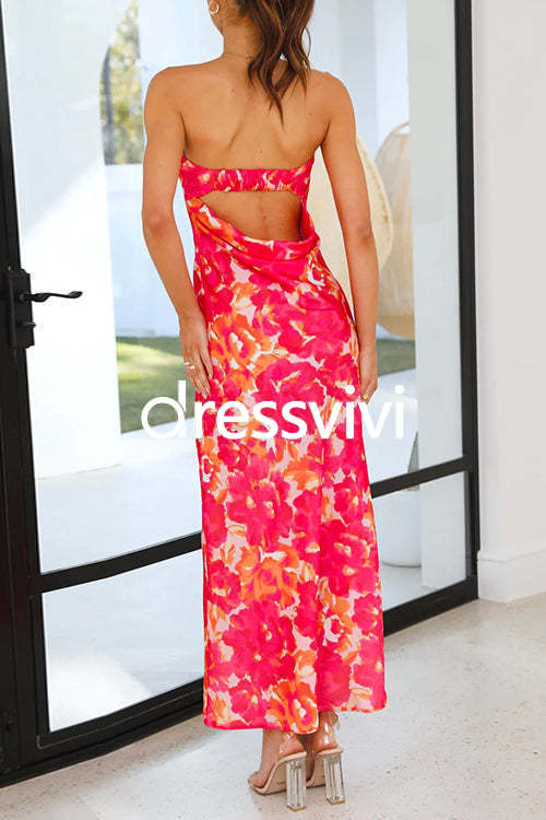 Strapless Off Shoulder Backless Printed Maxi Party Dress