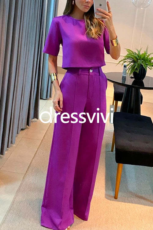 Crewneck Short Sleeve Crop Top Wide Leg Palazzo Pants Outfits Set