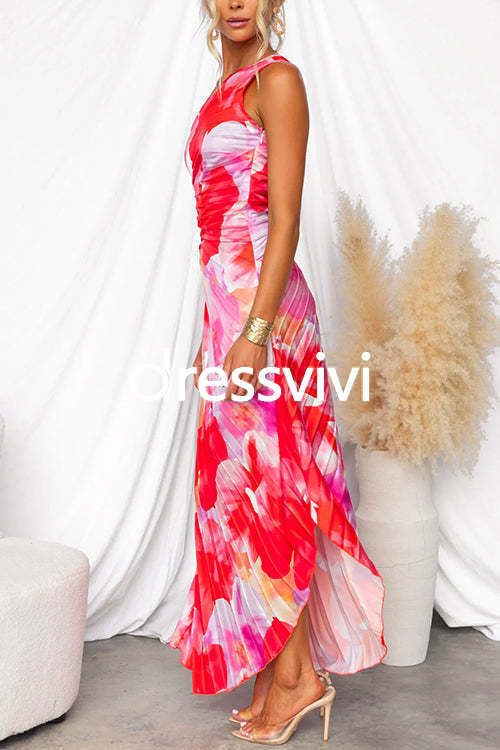 One Shoulder Sleeveless Print Asymmetric Maxi Pleated Dress