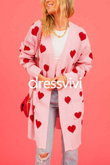 Open Front Pocketed Valentines Date Heart Print Cardigan