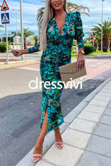 Deep V Neck Long Sleeve Ruched Slit Printed Bodycon Dress