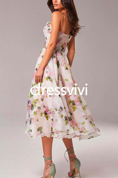 Adjustable Strap Waisted Floral Swing Midi Holiday Dress