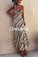 Chic V Neck Geometric Printed Irregular Maxi Cami Dress