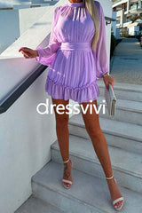 Mockneck Long Sleeve Waisted Ruffle Chiffon Dress