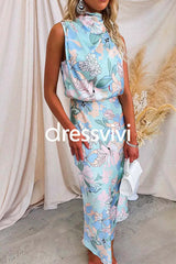 Irregular Tie Neck Waisted Floral Printed Maxi Satin Dress