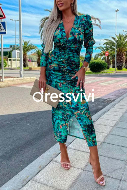 Deep V Neck Long Sleeve Ruched Slit Printed Bodycon Dress