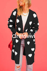 Open Front Pocketed Valentines Date Heart Print Cardigan