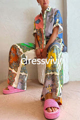 Rolled Up Short Sleeves Shirt Wide Leg Pants Graffiti Printed Set