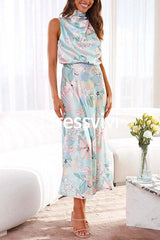 Irregular Tie Neck Waisted Floral Printed Maxi Satin Dress