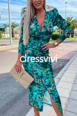 Deep V Neck Long Sleeve Ruched Slit Printed Bodycon Dress