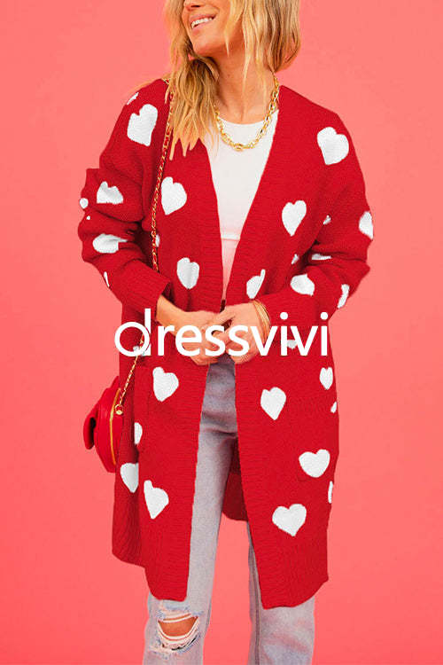 Open Front Pocketed Valentines Date Heart Print Cardigan