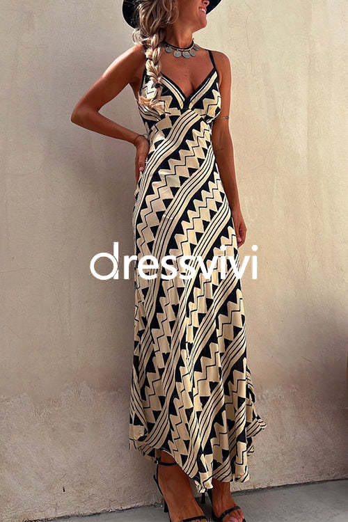 Chic V Neck Geometric Printed Irregular Maxi Cami Dress