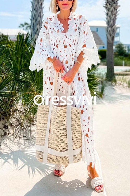 V Neck Hollow Out Eyelet Lace Beach Cover Up Dress