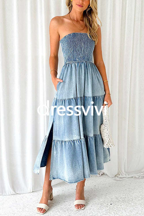 Strapless Tube Side Slit Ruffle Tiered Denim Dress