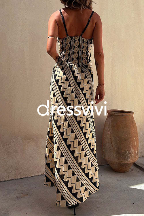 Chic V Neck Geometric Printed Irregular Maxi Cami Dress