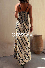 Chic V Neck Geometric Printed Irregular Maxi Cami Dress