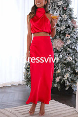 Turtleneck Sleeveless Crop Top High Waist Maxi Skirt Satin Set