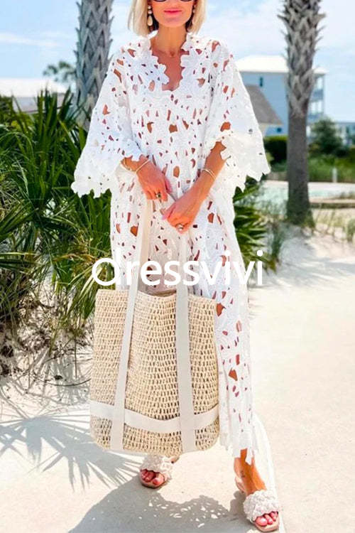 V Neck Hollow Out Eyelet Lace Beach Cover Up Dress