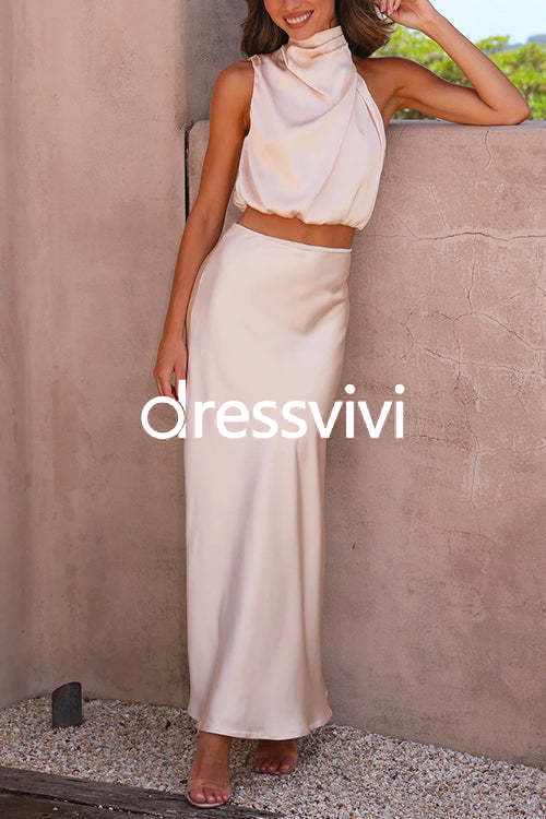 Turtleneck Sleeveless Crop Top High Waist Maxi Skirt Satin Set