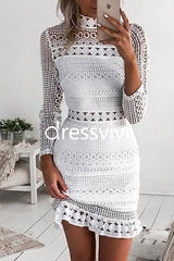 Mockneck Back Zipper Lace Splice Hollow Out Solid Dress