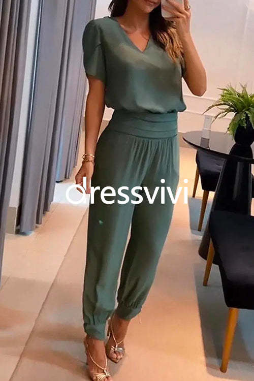 V Neck Short Sleeve Top High Waist Tapered Pants Set