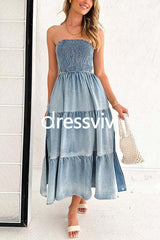 Strapless Tube Side Slit Ruffle Tiered Denim Dress