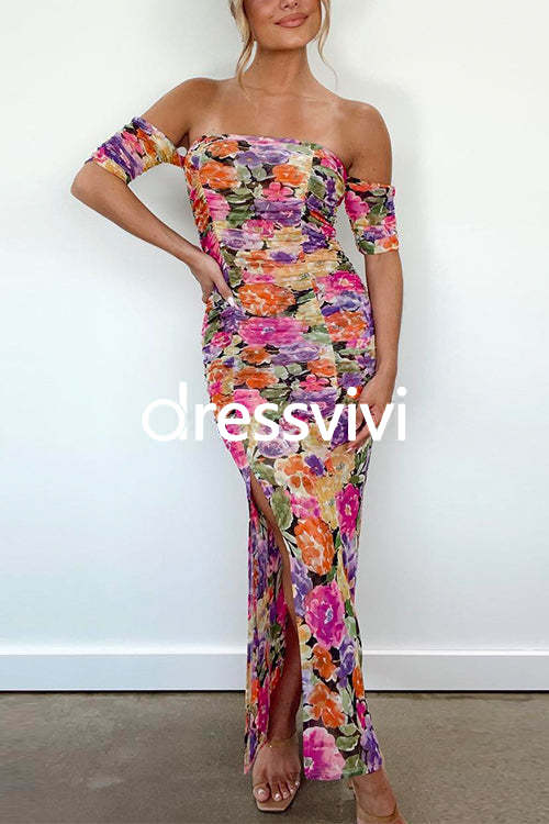 Off Shoulder Side Split Ruched Floral Bodycon Maxi Dress