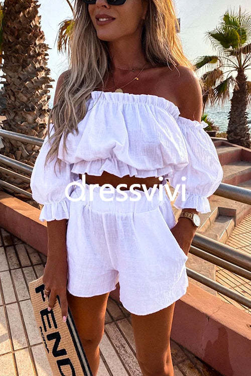 Ruffle Off Shoulder Short Sleeves Crop Top Elastic Waist Shorts Set