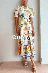 Puff Sleeve Food Printed Swing Maxi Vacation Dress