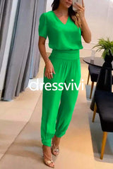 V Neck Short Sleeve Top High Waist Tapered Pants Set