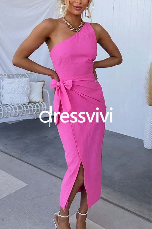 One Shoulder Sleeveless Knot Waist Wrapped Party Dress