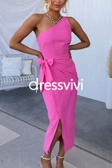 One Shoulder Sleeveless Knot Waist Wrapped Party Dress