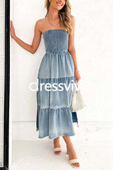 Strapless Tube Side Slit Ruffle Tiered Denim Dress