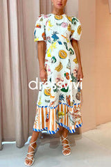 Puff Sleeve Food Printed Swing Maxi Vacation Dress