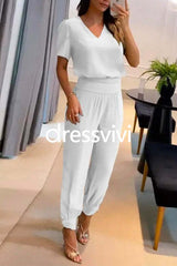 V Neck Short Sleeve Top High Waist Tapered Pants Set