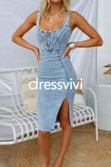 Adjustable Straps U Neck Slit Denim Bodycon Cami Dress