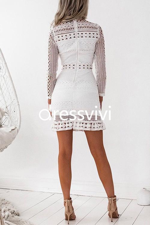 Mockneck Back Zipper Lace Splice Hollow Out Solid Dress