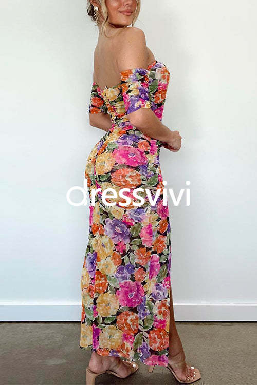 Off Shoulder Side Split Ruched Floral Bodycon Maxi Dress