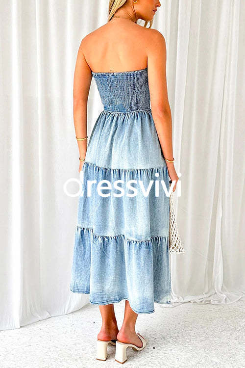 Strapless Tube Side Slit Ruffle Tiered Denim Dress