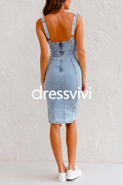 Adjustable Straps U Neck Slit Denim Bodycon Cami Dress