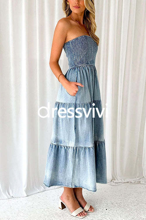 Strapless Tube Side Slit Ruffle Tiered Denim Dress