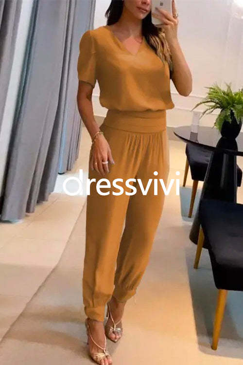 V Neck Short Sleeve Top High Waist Tapered Pants Set