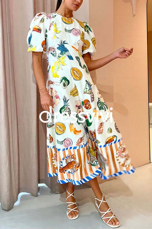 Puff Sleeve Food Printed Swing Maxi Vacation Dress