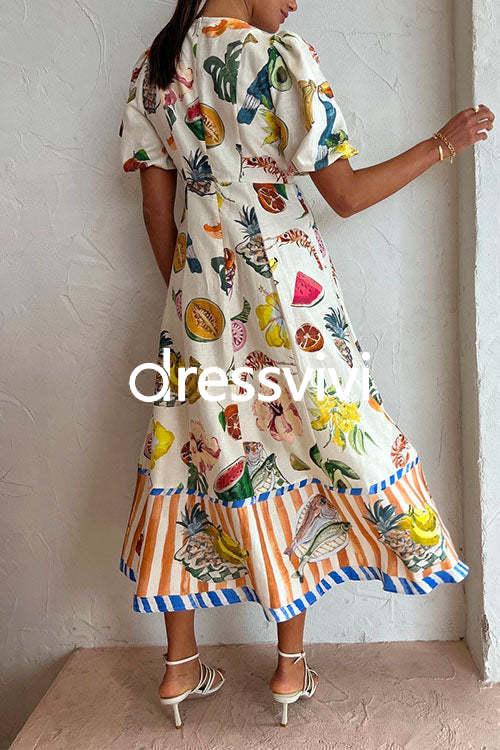 Puff Sleeve Food Printed Swing Maxi Vacation Dress