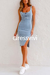 Adjustable Straps U Neck Slit Denim Bodycon Cami Dress