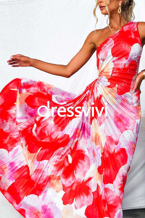 One Shoulder Sleeveless Print Asymmetric Maxi Pleated Dress